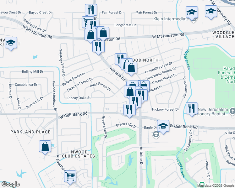 map of restaurants, bars, coffee shops, grocery stores, and more near 5822 Caruso Forest Drive in Houston