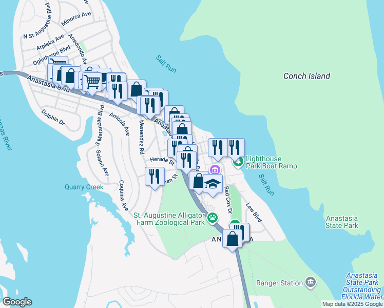 map of restaurants, bars, coffee shops, grocery stores, and more near 8 Ponce De Leon Avenue in St. Augustine