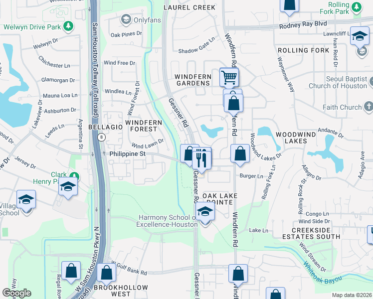 map of restaurants, bars, coffee shops, grocery stores, and more near Gessner Road in Houston
