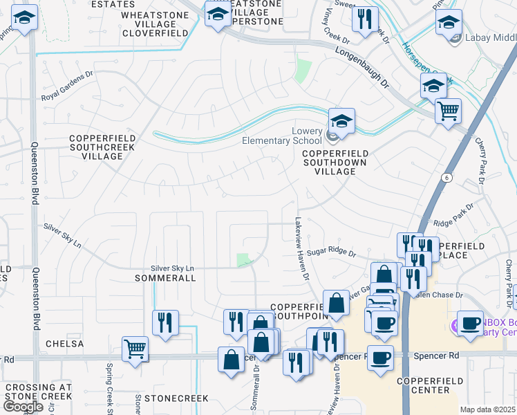 map of restaurants, bars, coffee shops, grocery stores, and more near 16319 Hickory Point Road in Houston