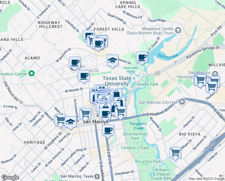 map of restaurants, bars, coffee shops, grocery stores, and more near 511 North Edward Gary Street in San Marcos