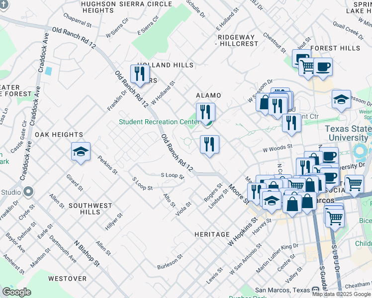 map of restaurants, bars, coffee shops, grocery stores, and more near 1006-1136 Old Ranch Road 12 in San Marcos