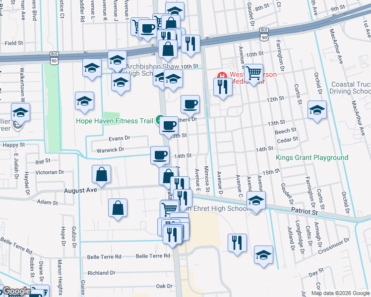 map of restaurants, bars, coffee shops, grocery stores, and more near 1320 Avenue F in Marrero