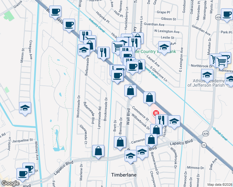 map of restaurants, bars, coffee shops, grocery stores, and more near 428 Commerce Street in Terrytown