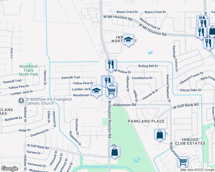 map of restaurants, bars, coffee shops, grocery stores, and more near 10017 North Houston Rosslyn Road in Houston