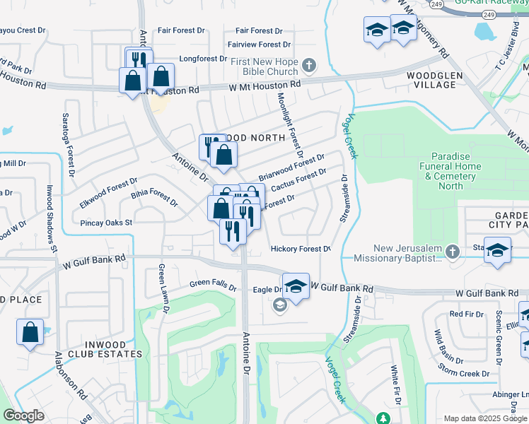 map of restaurants, bars, coffee shops, grocery stores, and more near 5615 Bridge Forest Drive in Houston