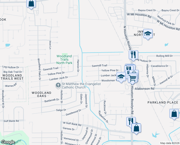 map of restaurants, bars, coffee shops, grocery stores, and more near 7406 Yellow Pine Drive in Houston