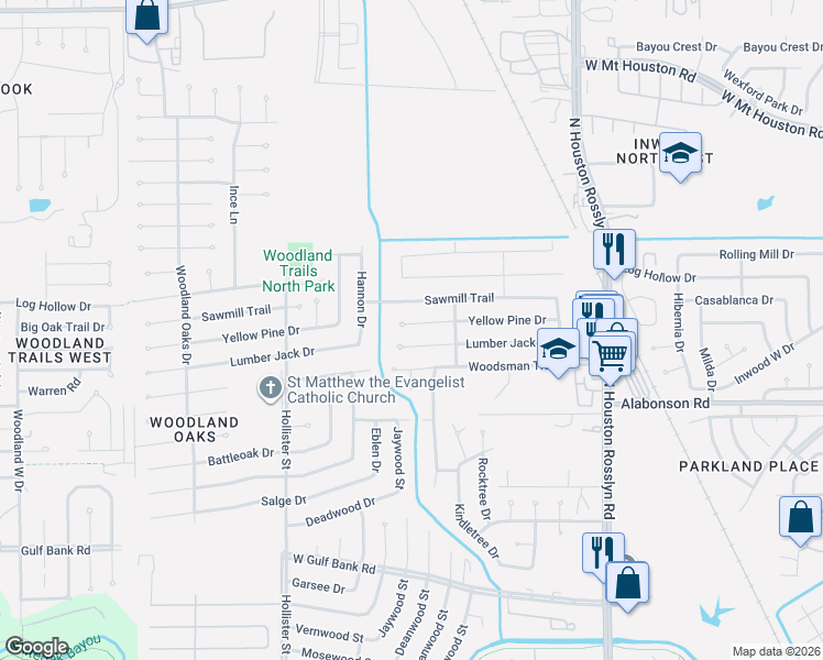 map of restaurants, bars, coffee shops, grocery stores, and more near 7406 Yellow Pine Drive in Houston