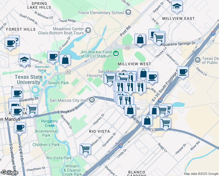 map of restaurants, bars, coffee shops, grocery stores, and more near 641 East Hopkins Street in San Marcos