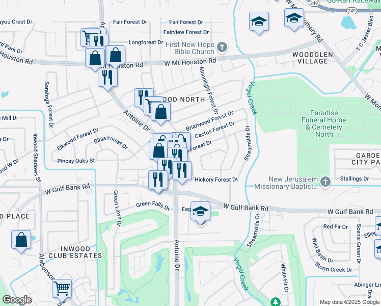 map of restaurants, bars, coffee shops, grocery stores, and more near 5615 Bridge Forest Drive in Houston