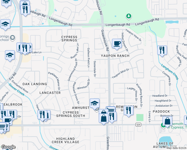 map of restaurants, bars, coffee shops, grocery stores, and more near 7623 Sisterdale Drive in Cypress