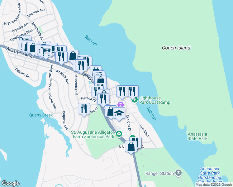map of restaurants, bars, coffee shops, grocery stores, and more near 8 Ponce De Leon Avenue in St. Augustine
