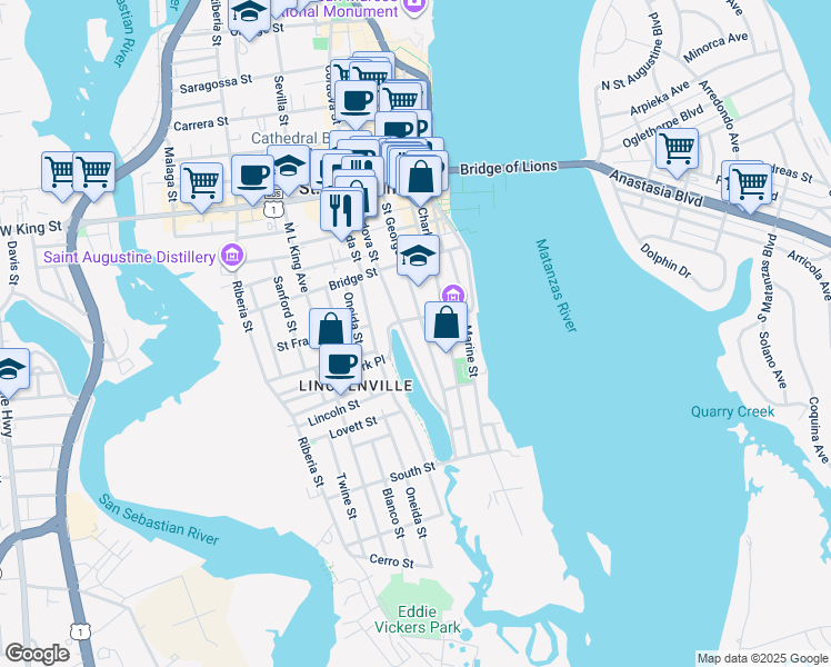 map of restaurants, bars, coffee shops, grocery stores, and more near 191 Cordova Street in St. Augustine