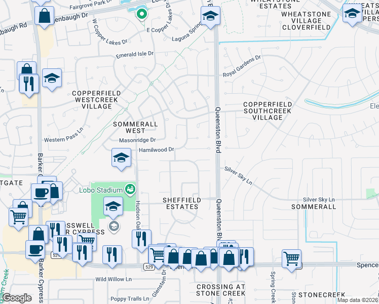 map of restaurants, bars, coffee shops, grocery stores, and more near 17235 Crown Meadow Court in Houston