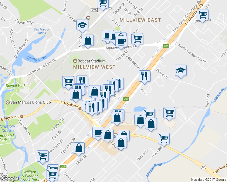 map of restaurants, bars, coffee shops, grocery stores, and more near 421 Springtown Way in San Marcos