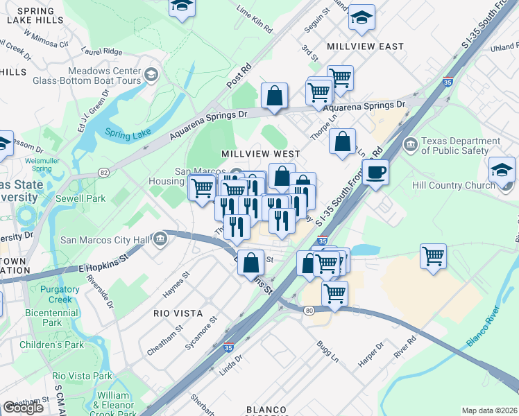 map of restaurants, bars, coffee shops, grocery stores, and more near 1180 Thorpe Lane in San Marcos