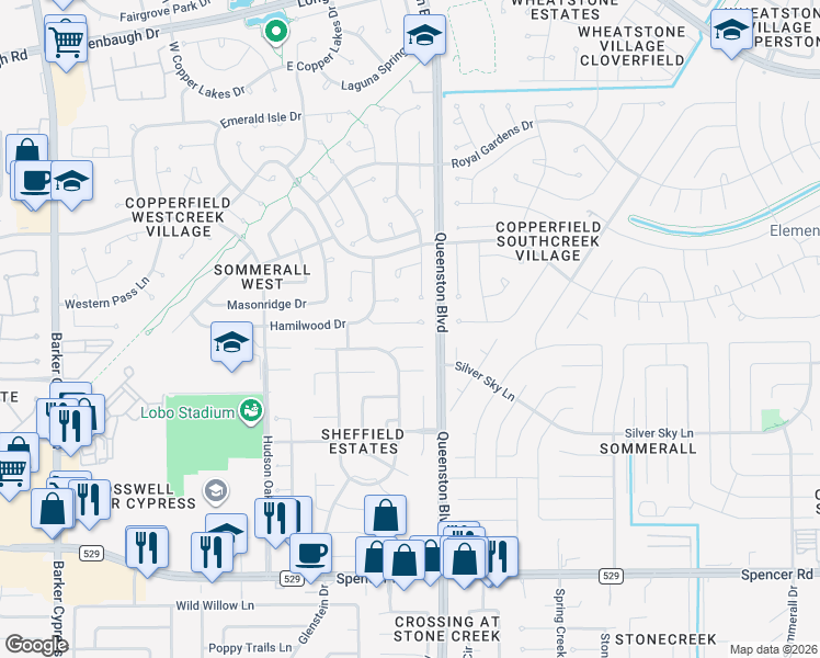 map of restaurants, bars, coffee shops, grocery stores, and more near 17119 Crown Meadow Court in Houston