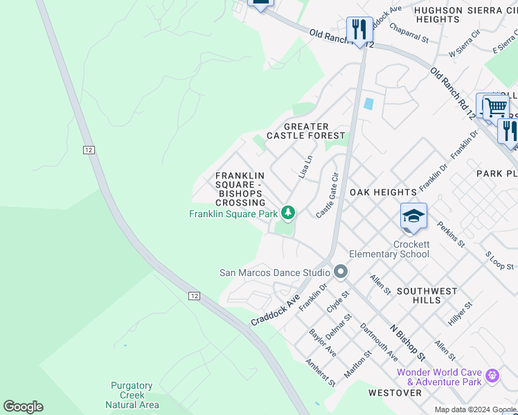 map of restaurants, bars, coffee shops, grocery stores, and more near 2017 Ridge View Drive in San Marcos