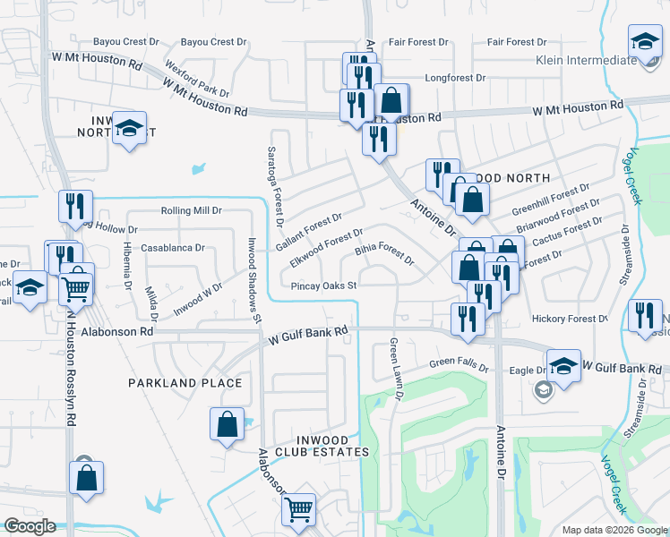 map of restaurants, bars, coffee shops, grocery stores, and more near 6115 Bihia Forest Drive in Houston