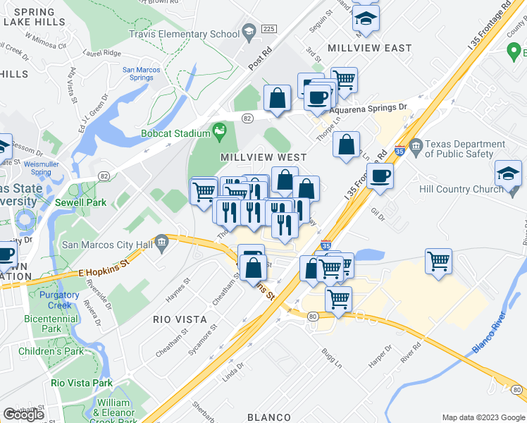 map of restaurants, bars, coffee shops, grocery stores, and more near 210 Springtown Way in San Marcos