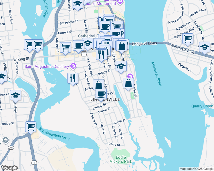map of restaurants, bars, coffee shops, grocery stores, and more near 74 Saint Francis Street in St. Augustine