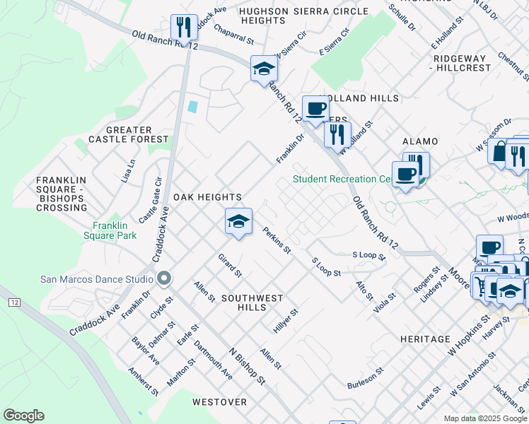 map of restaurants, bars, coffee shops, grocery stores, and more near 630 Clyde Court in San Marcos