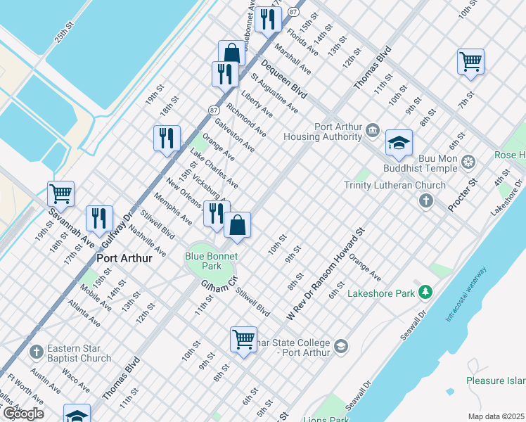 map of restaurants, bars, coffee shops, grocery stores, and more near 1848 Thomas Blvd in Port Arthur