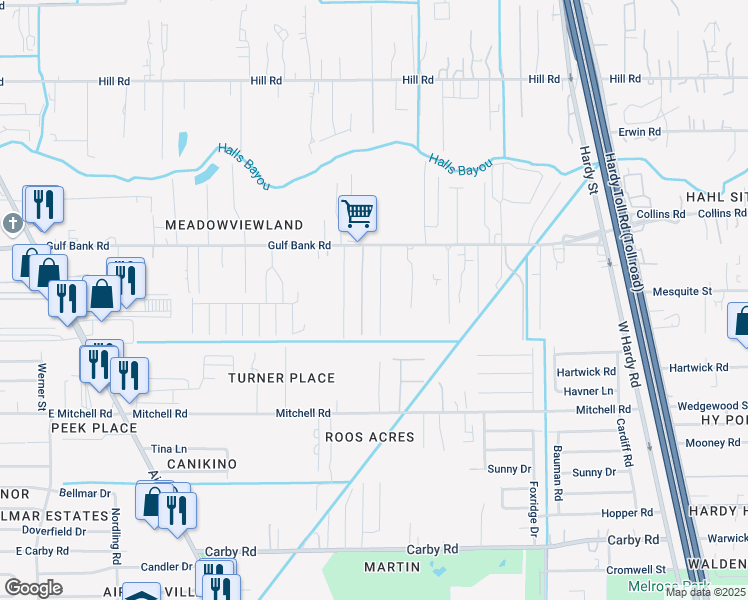 map of restaurants, bars, coffee shops, grocery stores, and more near 13005 Breezeway Street in Houston