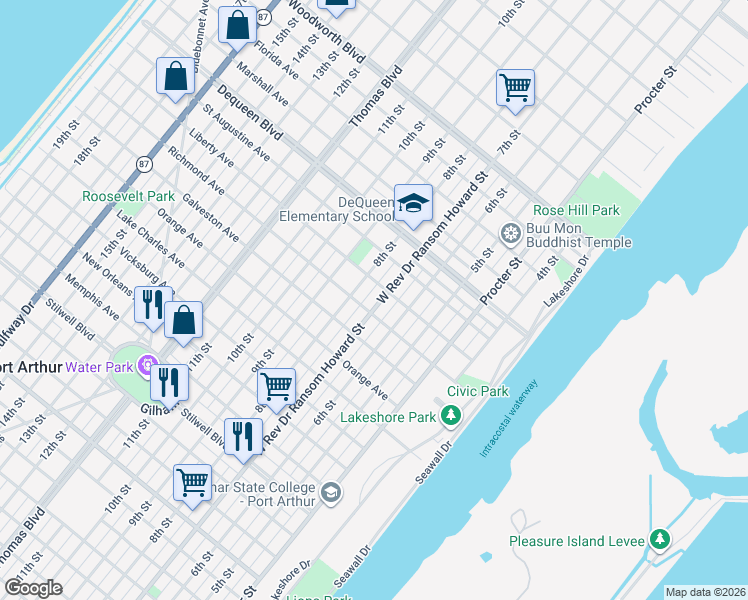map of restaurants, bars, coffee shops, grocery stores, and more near 748 Richmond Avenue in Port Arthur