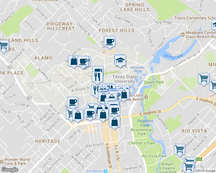 map of restaurants, bars, coffee shops, grocery stores, and more near Woods Street in San Marcos