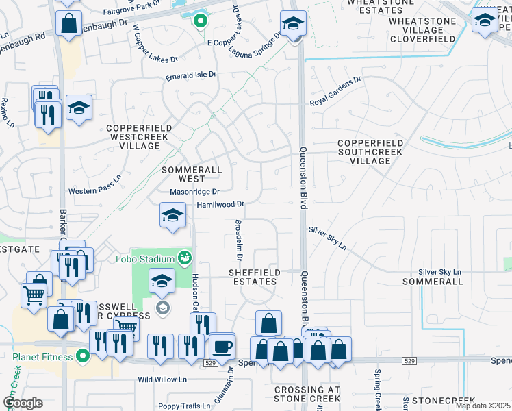 map of restaurants, bars, coffee shops, grocery stores, and more near 17235 Crown Meadow Court in Houston