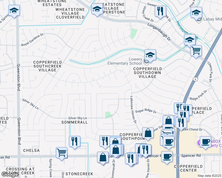 map of restaurants, bars, coffee shops, grocery stores, and more near 16319 Hickory Point Road in Houston