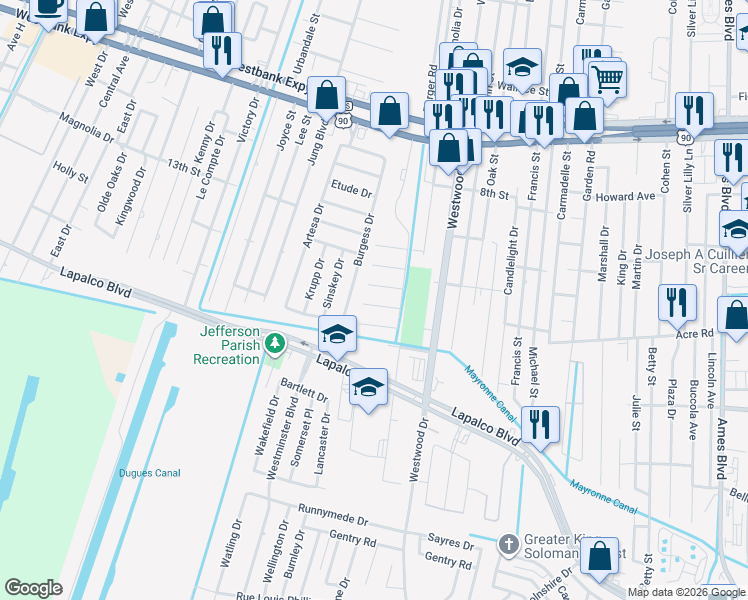 map of restaurants, bars, coffee shops, grocery stores, and more near 22 Gladiola Court in Marrero