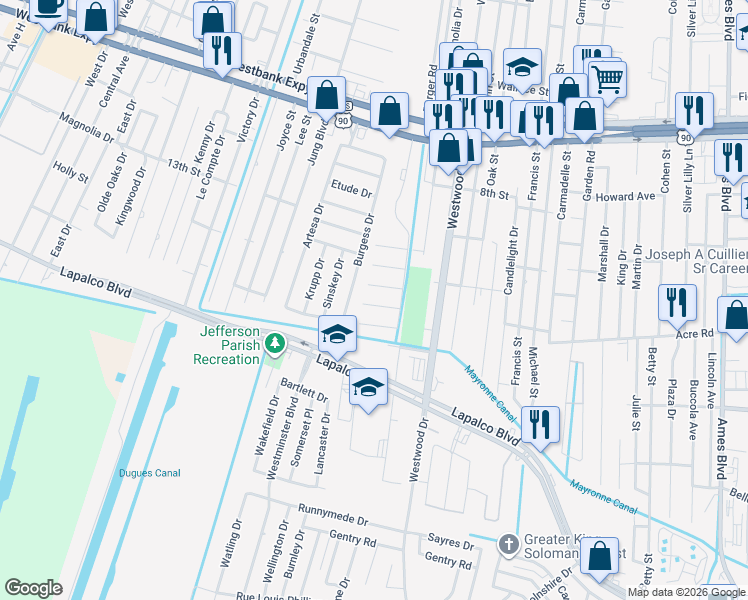 map of restaurants, bars, coffee shops, grocery stores, and more near 22 Gladiola Court in Marrero