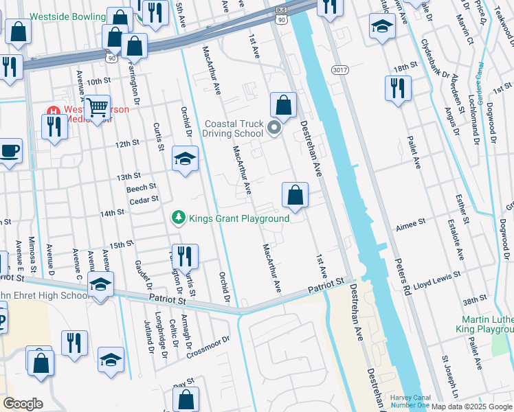 map of restaurants, bars, coffee shops, grocery stores, and more near 1149 MacArthur Avenue in Harvey