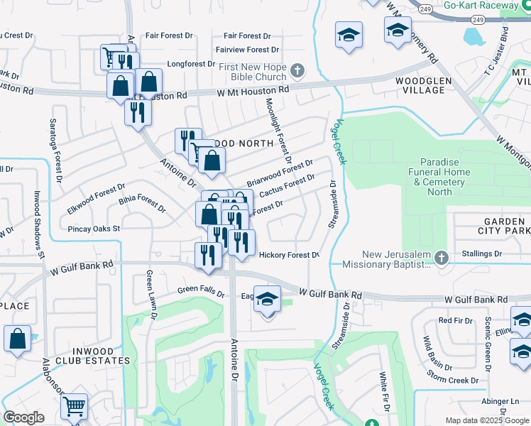 map of restaurants, bars, coffee shops, grocery stores, and more near 5615 Bridge Forest Drive in Houston