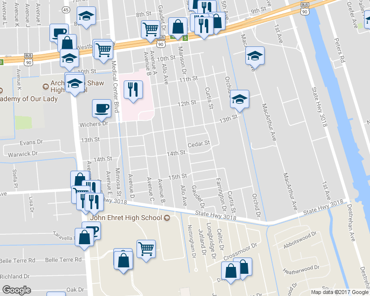 map of restaurants, bars, coffee shops, grocery stores, and more near 1340 Gaudet Drive in Marrero
