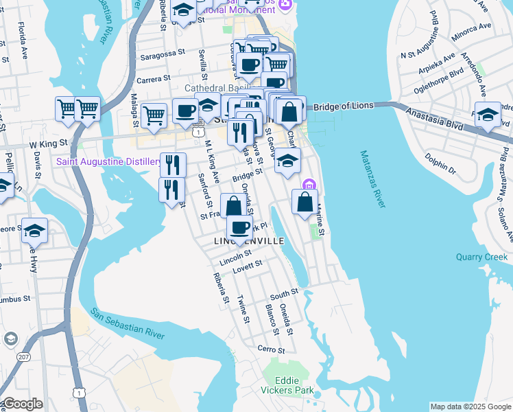 map of restaurants, bars, coffee shops, grocery stores, and more near 92 Washington Street in St. Augustine