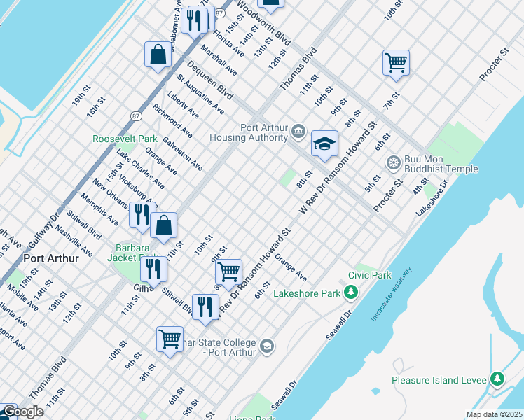 map of restaurants, bars, coffee shops, grocery stores, and more near 2116 9th St in Port Arthur