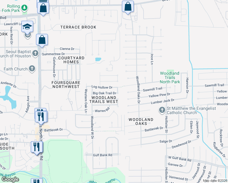 map of restaurants, bars, coffee shops, grocery stores, and more near 8034 Big Oak Trail Drive in Houston