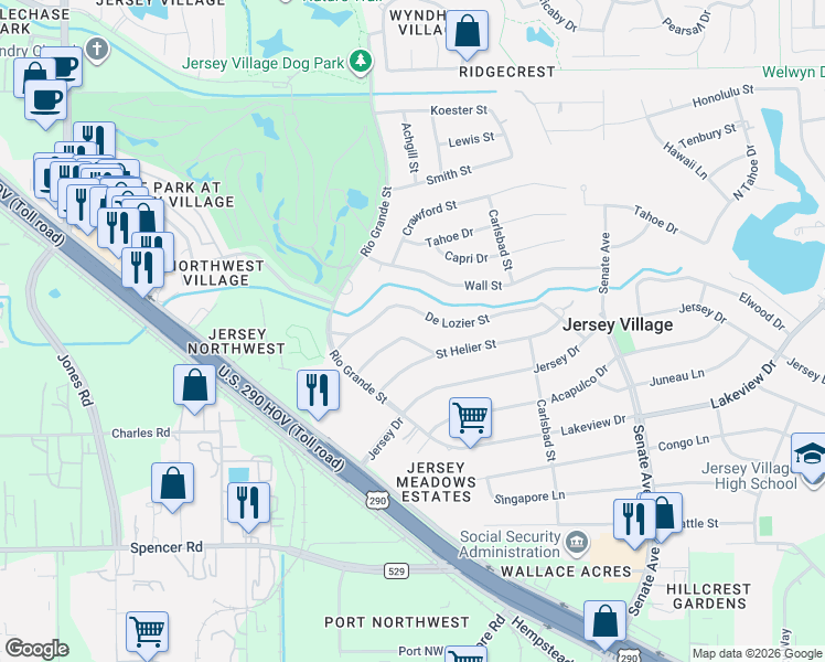 map of restaurants, bars, coffee shops, grocery stores, and more near 16414 Cornwall Street in Jersey Village