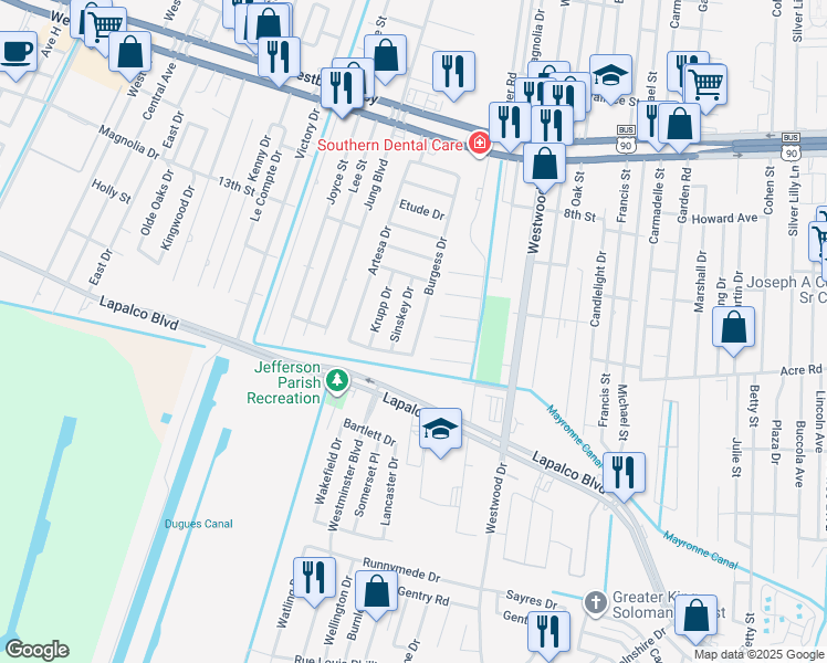 map of restaurants, bars, coffee shops, grocery stores, and more near 1300 Burgess Drive in Marrero