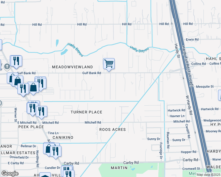 map of restaurants, bars, coffee shops, grocery stores, and more near 13005 Breezeway Street in Houston