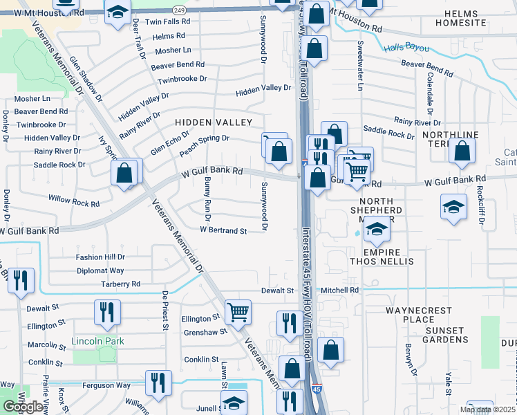 map of restaurants, bars, coffee shops, grocery stores, and more near 907 West Nelda Road in Houston
