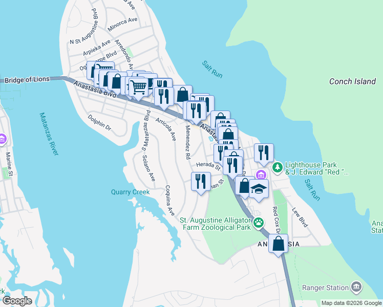 map of restaurants, bars, coffee shops, grocery stores, and more near 36 Menendez Road in St. Augustine