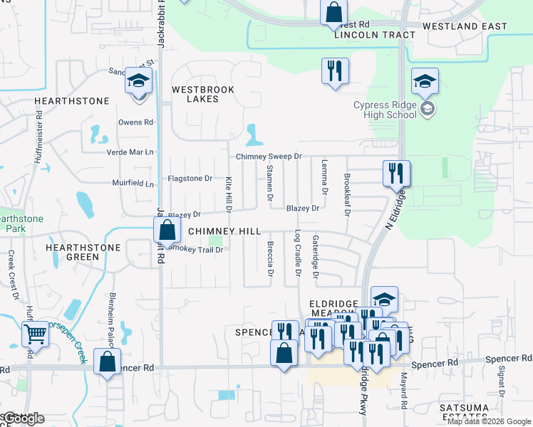 map of restaurants, bars, coffee shops, grocery stores, and more near 7503 Stamen Drive in Houston