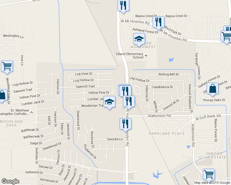 map of restaurants, bars, coffee shops, grocery stores, and more near 10114 Pine Moss Drive in Houston