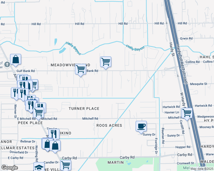 map of restaurants, bars, coffee shops, grocery stores, and more near 13005 Breezeway Street in Houston