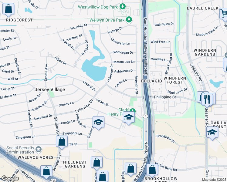 map of restaurants, bars, coffee shops, grocery stores, and more near 7827 Zilonis Court in Jersey Village