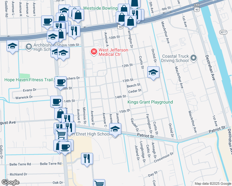 map of restaurants, bars, coffee shops, grocery stores, and more near 1333 Avenue A in Marrero